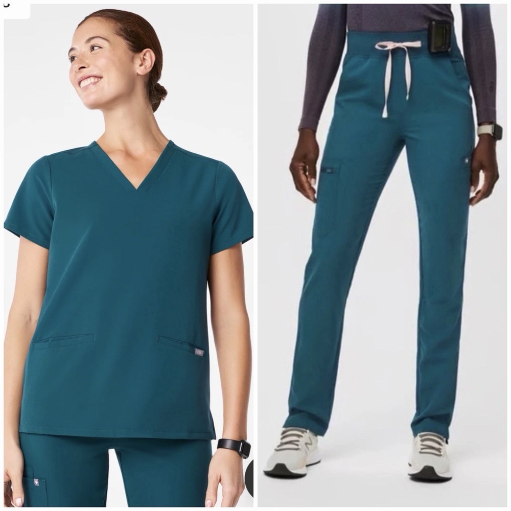 FIGS Yola HighRise Slim Caribbean Blue Pants XS/P & Top XXS #FW1100 D9